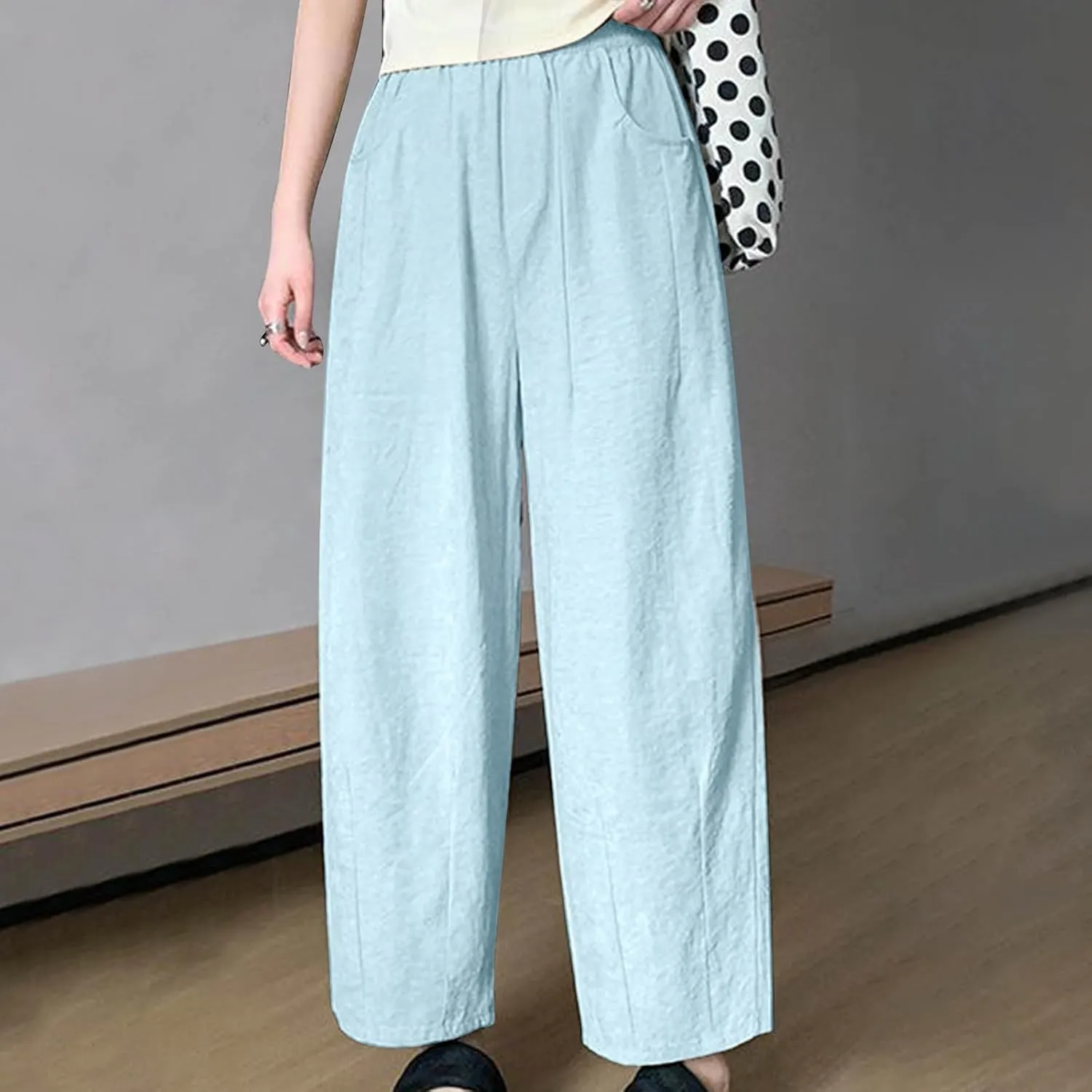 Women's Harem Pants 2025 Summer Casual Loose Wide Leg Palazzo Pants Elastic High Waist Lightweight Flowy Beach Trouser