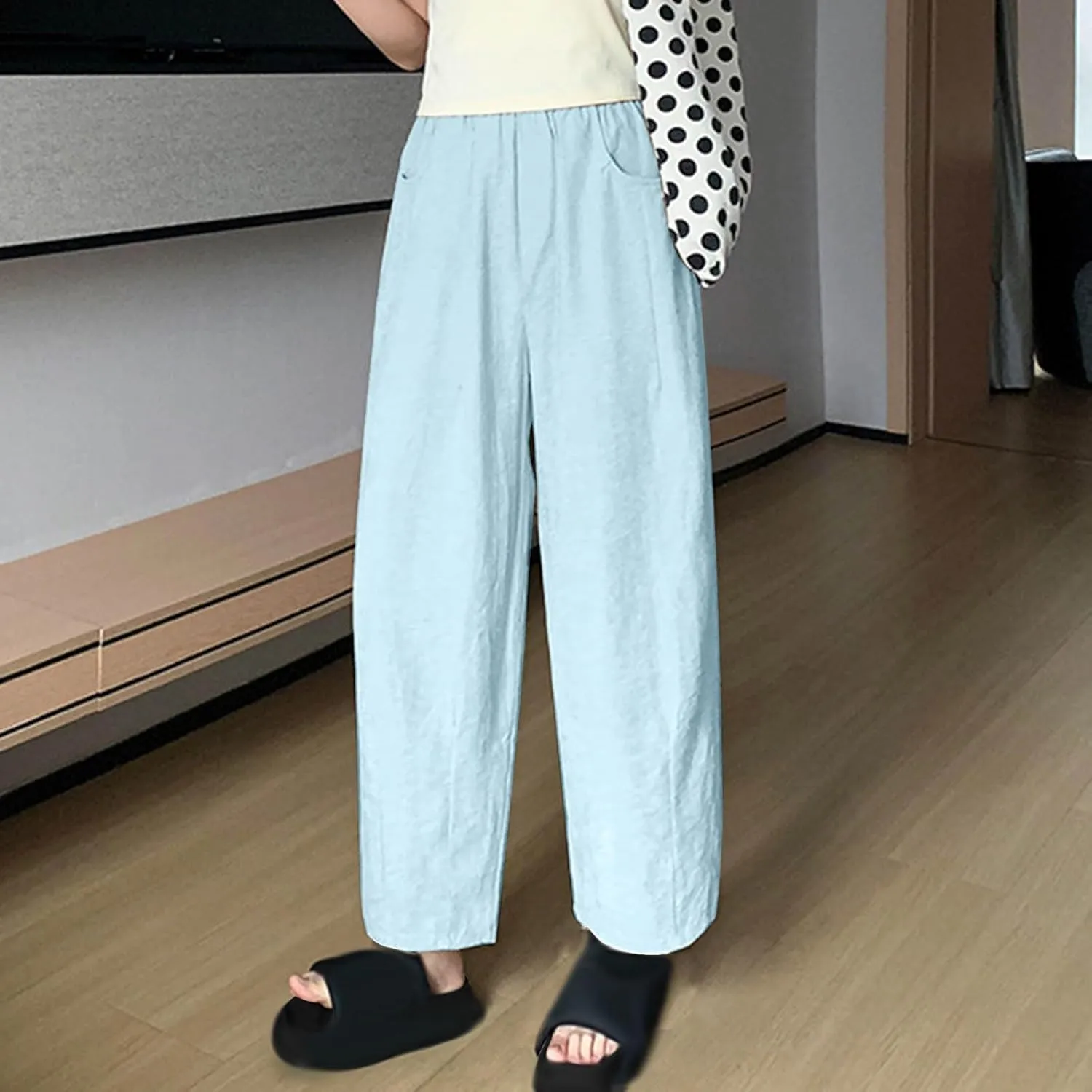 Women's Harem Pants 2025 Summer Casual Loose Wide Leg Palazzo Pants Elastic High Waist Lightweight Flowy Beach Trouser