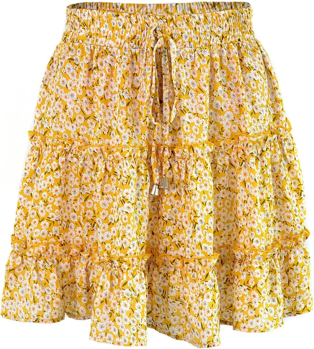 Women's High Waisted Floral Mini Skirt Drawstring Boho Print Ruffle Summer Short Skirts