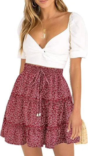 Women's High Waisted Floral Mini Skirt Drawstring Boho Print Ruffle Summer Short Skirts