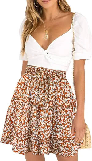 Women's High Waisted Floral Mini Skirt Drawstring Boho Print Ruffle Summer Short Skirts
