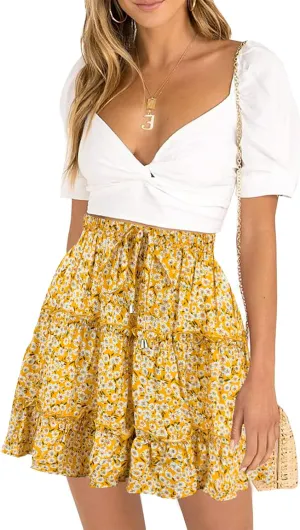 Women's High Waisted Floral Mini Skirt Drawstring Boho Print Ruffle Summer Short Skirts