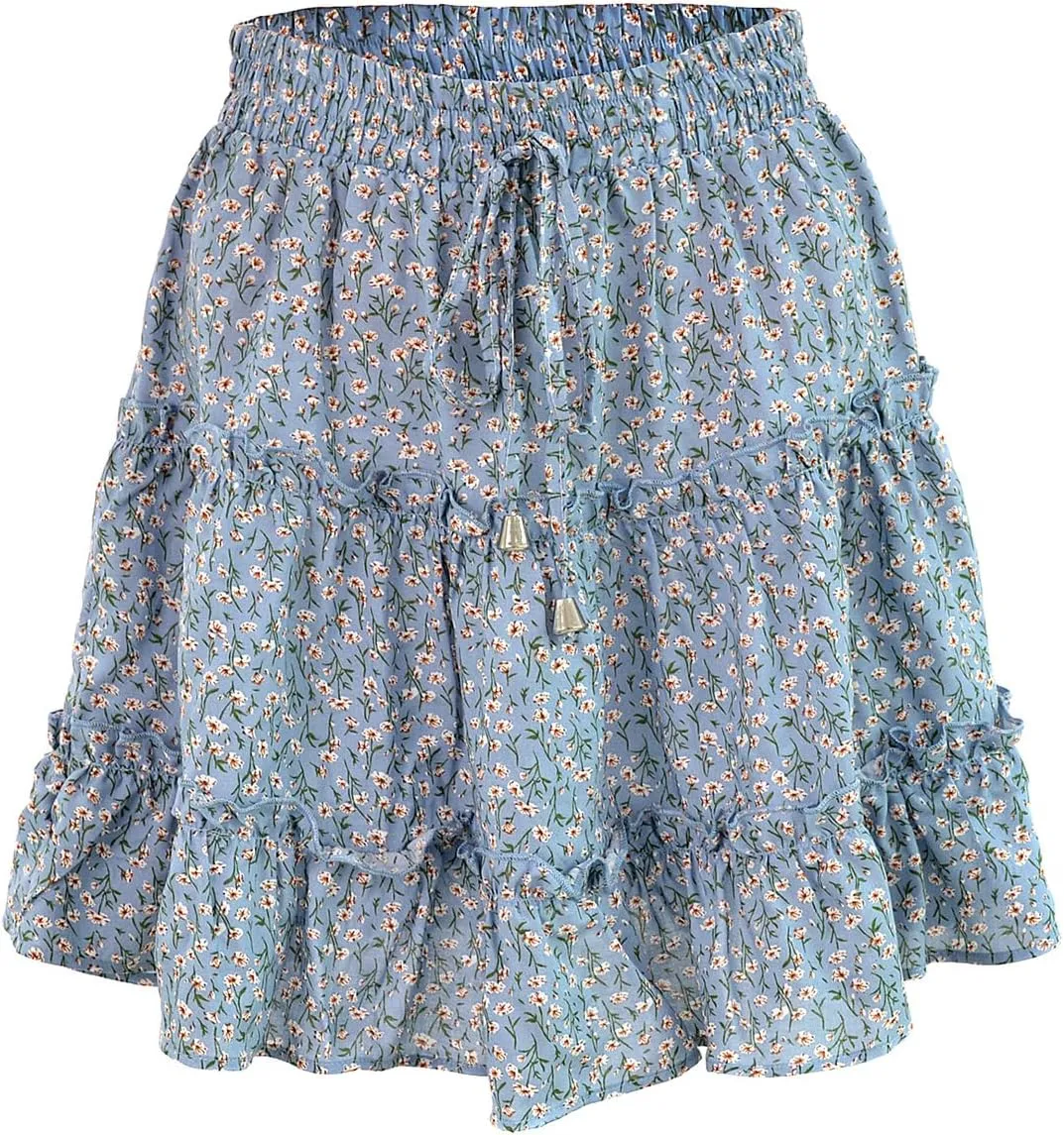 Women's High Waisted Floral Mini Skirt Drawstring Boho Print Ruffle Summer Short Skirts