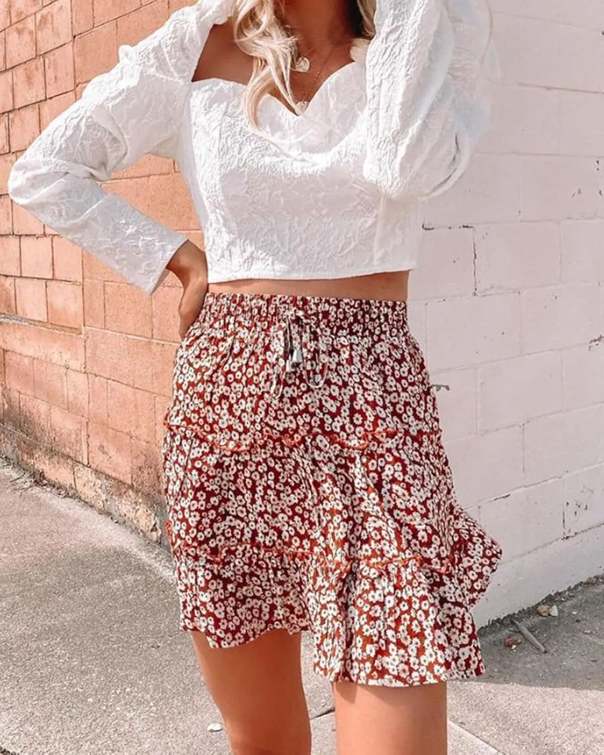 Women's High Waisted Floral Mini Skirt Drawstring Boho Print Ruffle Summer Short Skirts