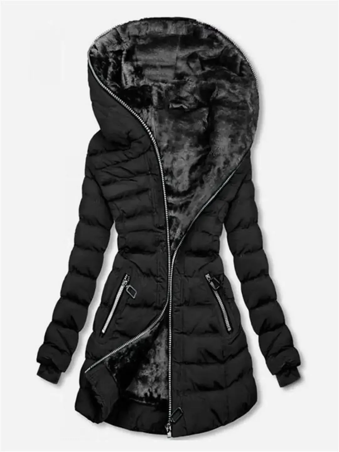 Women's Hooded Long Sleeve Cotton-Padded Fleece-Lined Winter Jacket Medium-Length Zip-Up Coat Warm