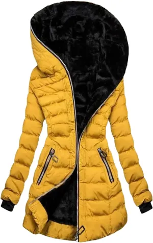 Women's Hooded Long Sleeve Cotton-Padded Fleece-Lined Winter Jacket Medium-Length Zip-Up Coat Warm
