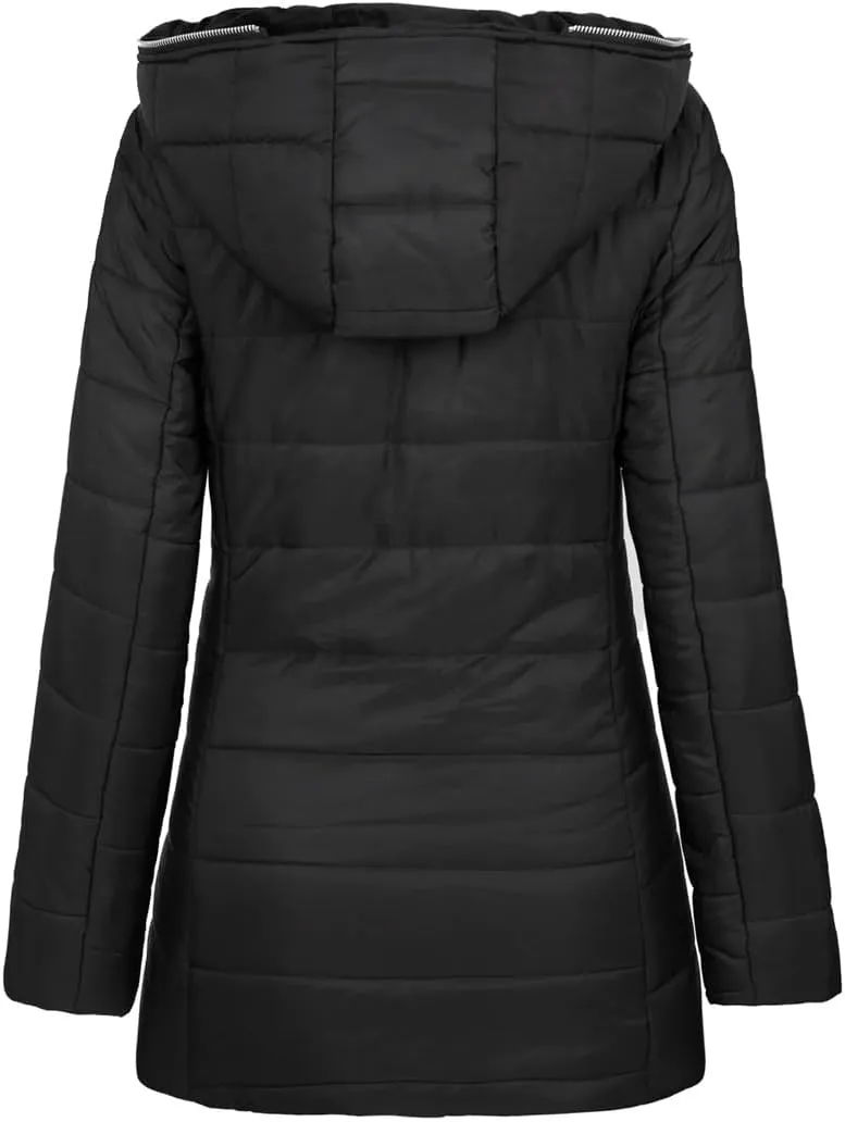 Women's Hooded Long Sleeve Cotton-Padded Fleece-Lined Winter Jacket Medium-Length Zip-Up Coat Warm