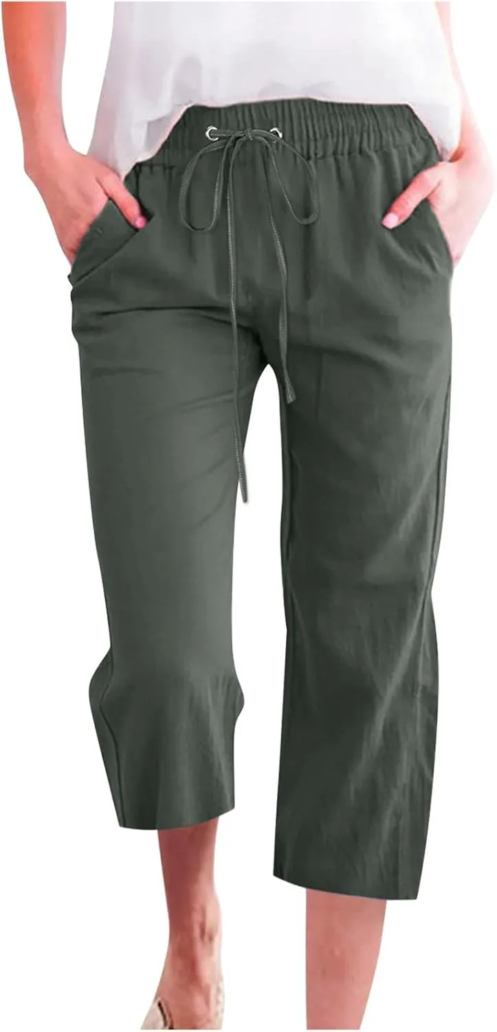 Womens Linen Capri Pants Wide Leg Athletic Hiking Casual Pants Lightweight Drawstring Palazzo Trousers Summer Pants