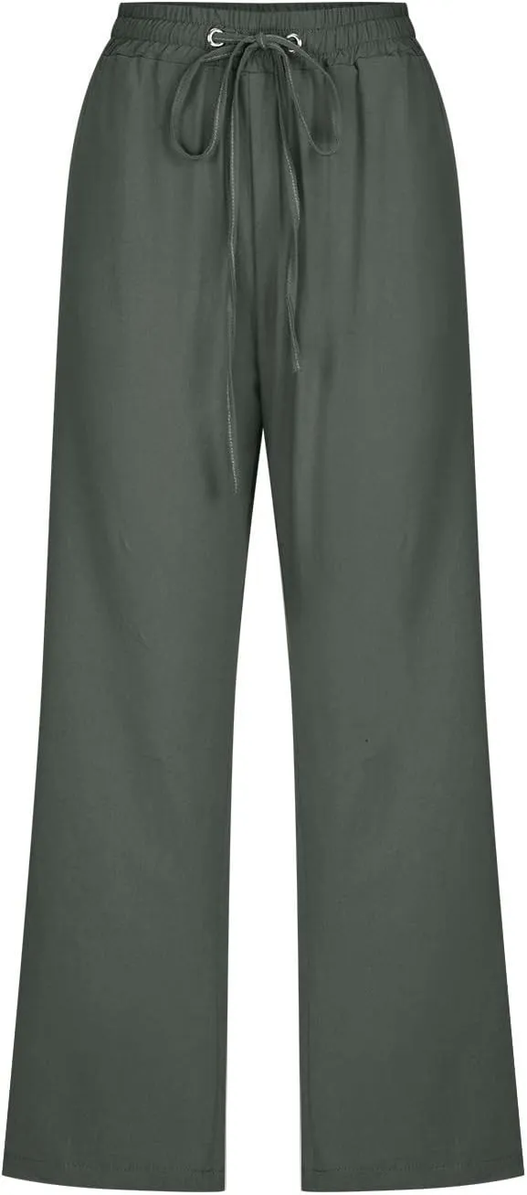Womens Linen Capri Pants Wide Leg Athletic Hiking Casual Pants Lightweight Drawstring Palazzo Trousers Summer Pants