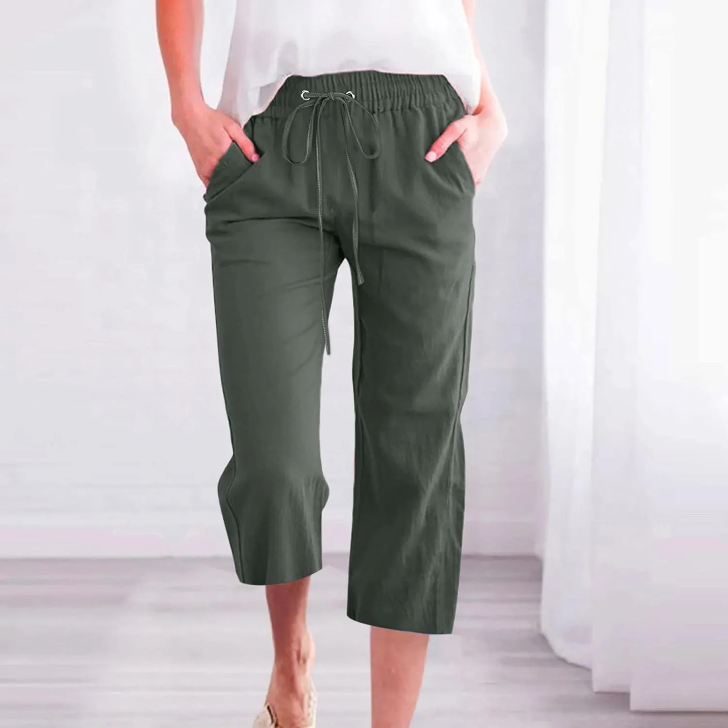 Womens Linen Capri Pants Wide Leg Athletic Hiking Casual Pants Lightweight Drawstring Palazzo Trousers Summer Pants