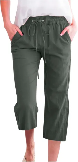 Womens Linen Capri Pants Wide Leg Athletic Hiking Casual Pants Lightweight Drawstring Palazzo Trousers Summer Pants