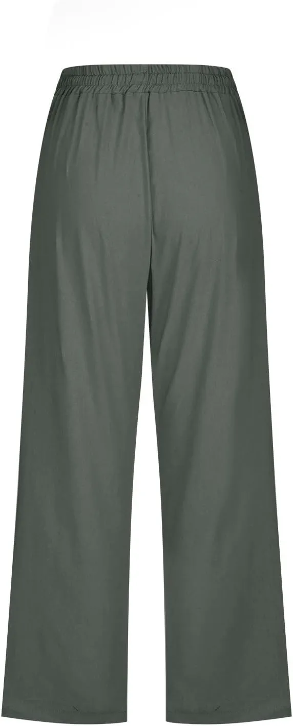 Womens Linen Capri Pants Wide Leg Athletic Hiking Casual Pants Lightweight Drawstring Palazzo Trousers Summer Pants