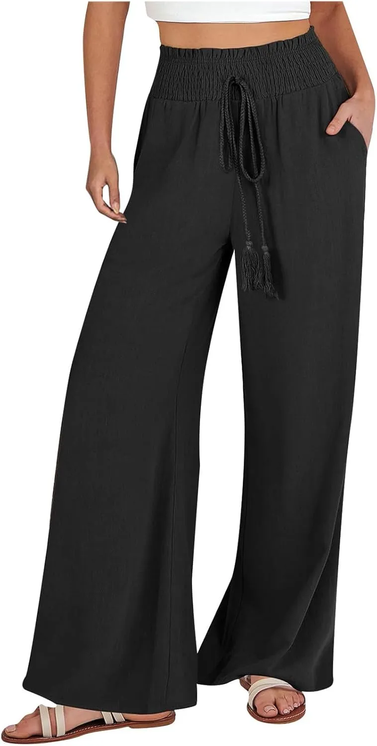Women's Linen Loose Wide Leg Pants Elastic High Waist Straight Pants Solid Color Lightweight Trousers with Pockets