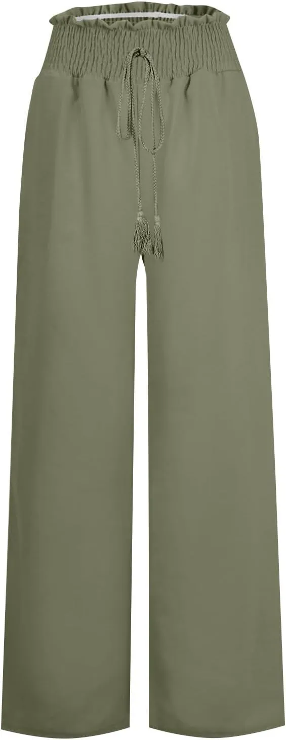 Women's Linen Loose Wide Leg Pants Elastic High Waist Straight Pants Solid Color Lightweight Trousers with Pockets