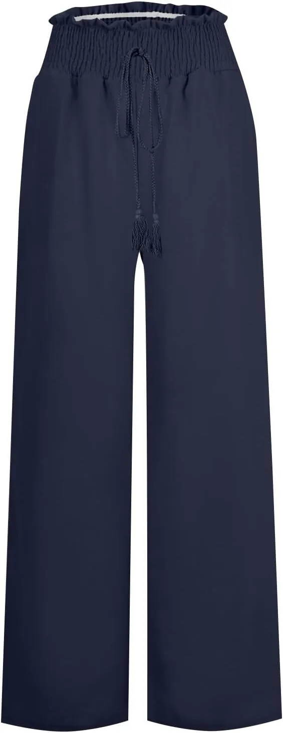 Women's Linen Loose Wide Leg Pants Elastic High Waist Straight Pants Solid Color Lightweight Trousers with Pockets