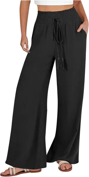 Women's Linen Loose Wide Leg Pants Elastic High Waist Straight Pants Solid Color Lightweight Trousers with Pockets