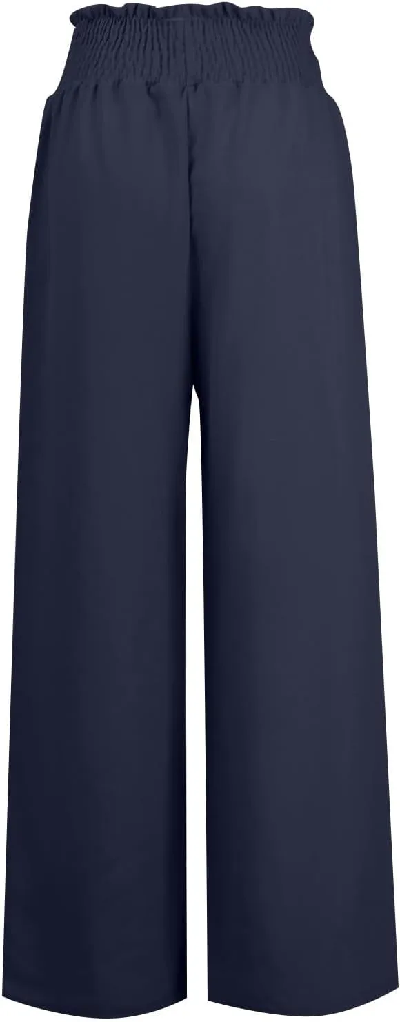 Women's Linen Loose Wide Leg Pants Elastic High Waist Straight Pants Solid Color Lightweight Trousers with Pockets