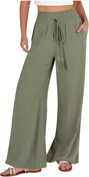 Women's Linen Loose Wide Leg Pants Elastic High Waist Straight Pants Solid Color Lightweight Trousers with Pockets