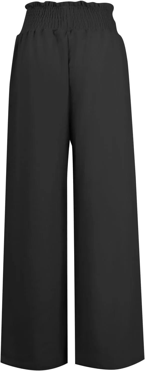 Women's Linen Loose Wide Leg Pants Elastic High Waist Straight Pants Solid Color Lightweight Trousers with Pockets