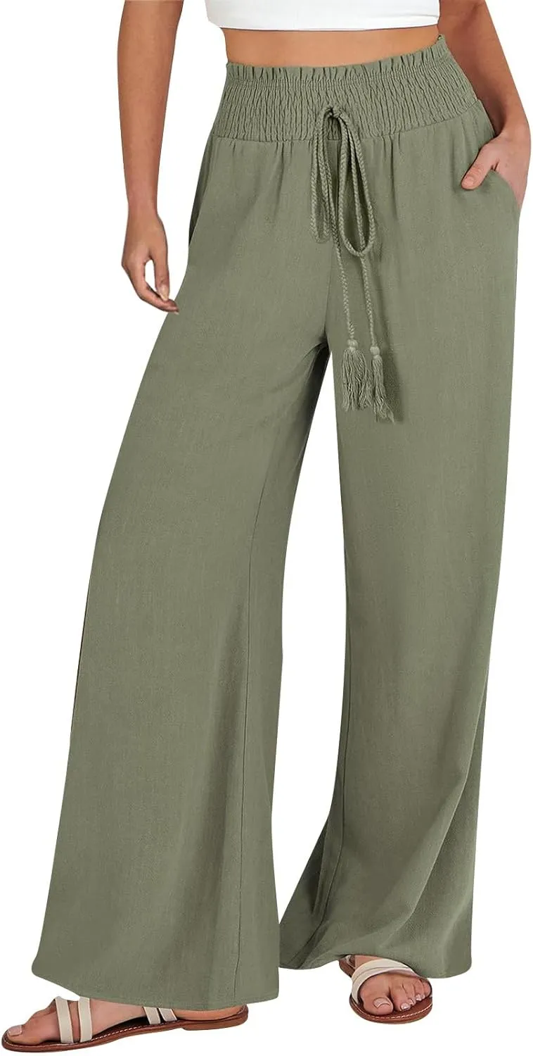 Women's Linen Loose Wide Leg Pants Elastic High Waist Straight Pants Solid Color Lightweight Trousers with Pockets