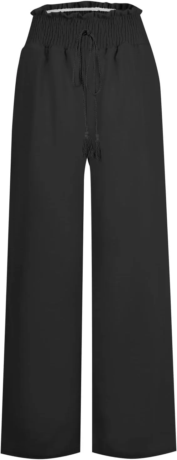 Women's Linen Loose Wide Leg Pants Elastic High Waist Straight Pants Solid Color Lightweight Trousers with Pockets