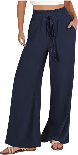 Women's Linen Loose Wide Leg Pants Elastic High Waist Straight Pants Solid Color Lightweight Trousers with Pockets