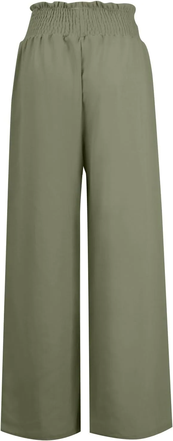 Women's Linen Loose Wide Leg Pants Elastic High Waist Straight Pants Solid Color Lightweight Trousers with Pockets