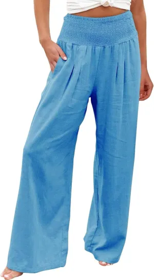 Women's Linen Palazzo Pants Summer Casual Smocked High Waisted Wide Leg Trousers Vacation Lounge Pants with Pockets