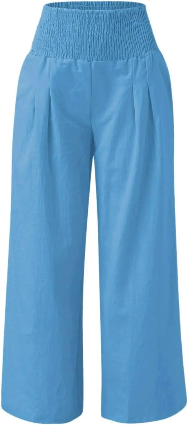 Women's Linen Palazzo Pants Summer Casual Smocked High Waisted Wide Leg Trousers Vacation Lounge Pants with Pockets