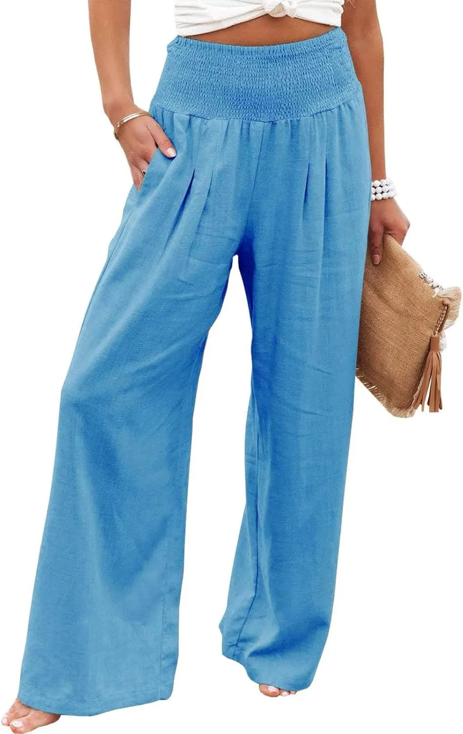 Women's Linen Palazzo Pants Summer Casual Smocked High Waisted Wide Leg Trousers Vacation Lounge Pants with Pockets