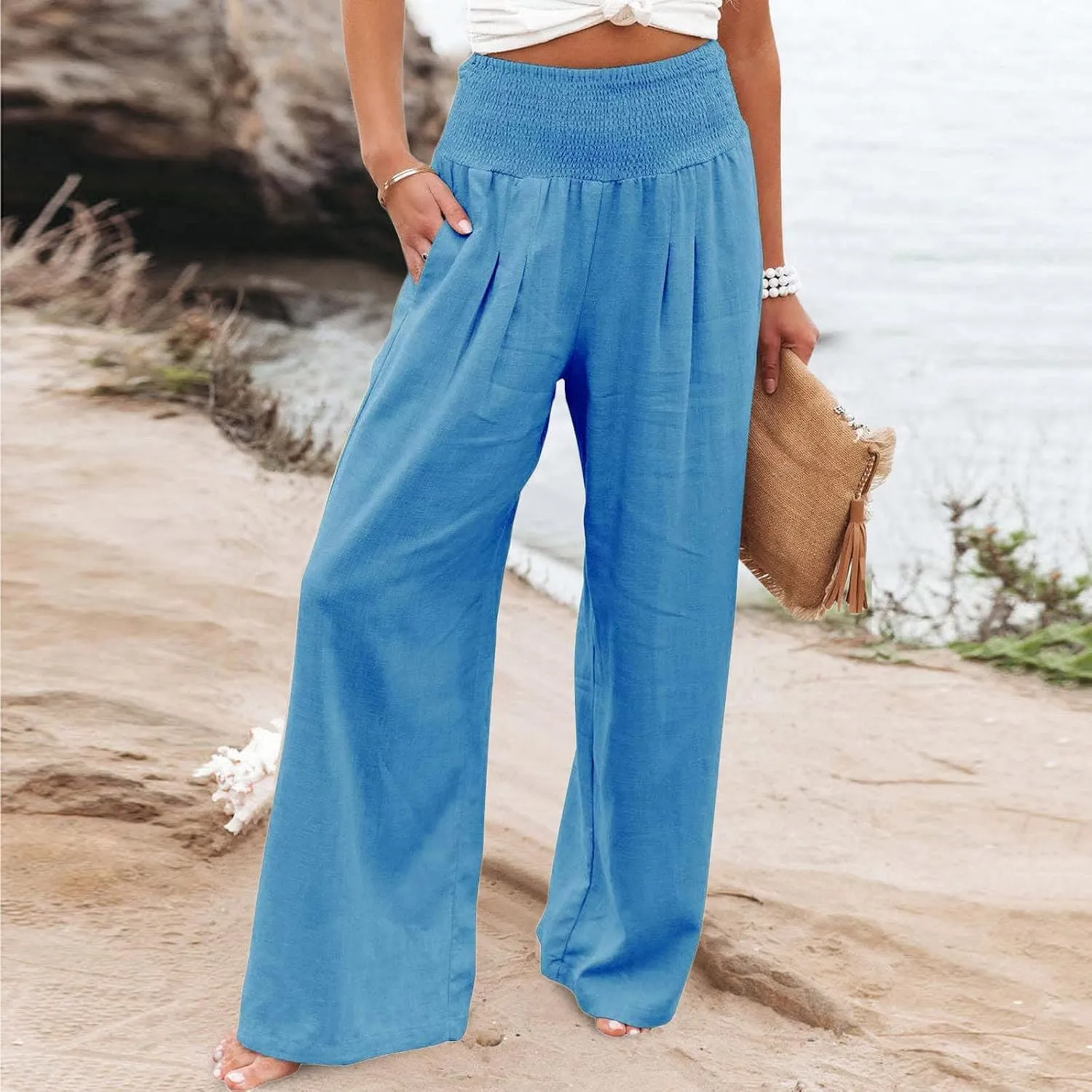 Women's Linen Palazzo Pants Summer Casual Smocked High Waisted Wide Leg Trousers Vacation Lounge Pants with Pockets