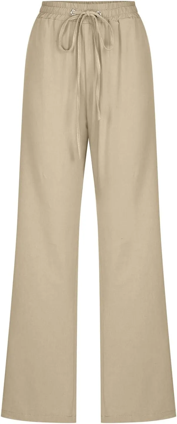Womens Linen Pants Casual Drawstring Elastic Wide Leg Pants High Waist Pants Loose Fit Lounge Trousers with Pockets
