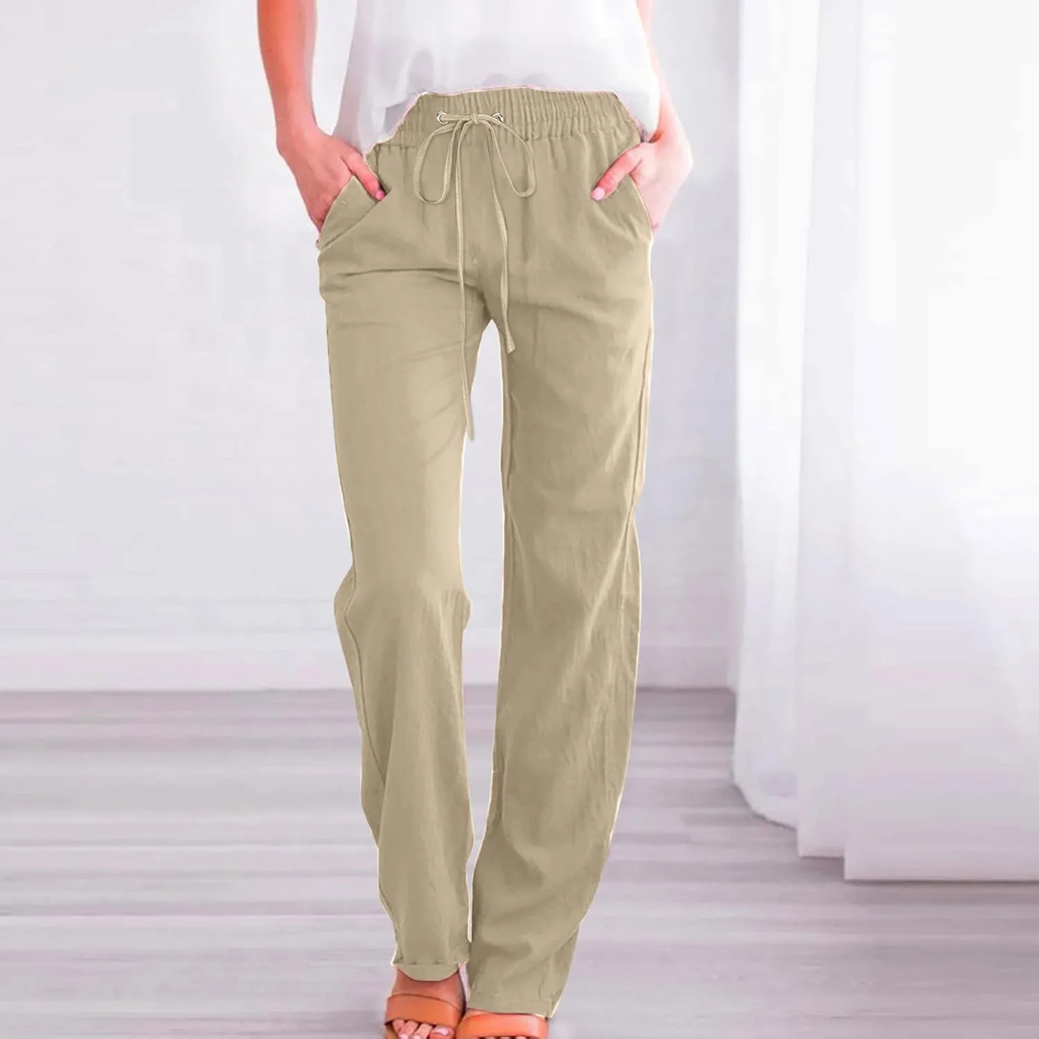 Womens Linen Pants Casual Drawstring Elastic Wide Leg Pants High Waist Pants Loose Fit Lounge Trousers with Pockets