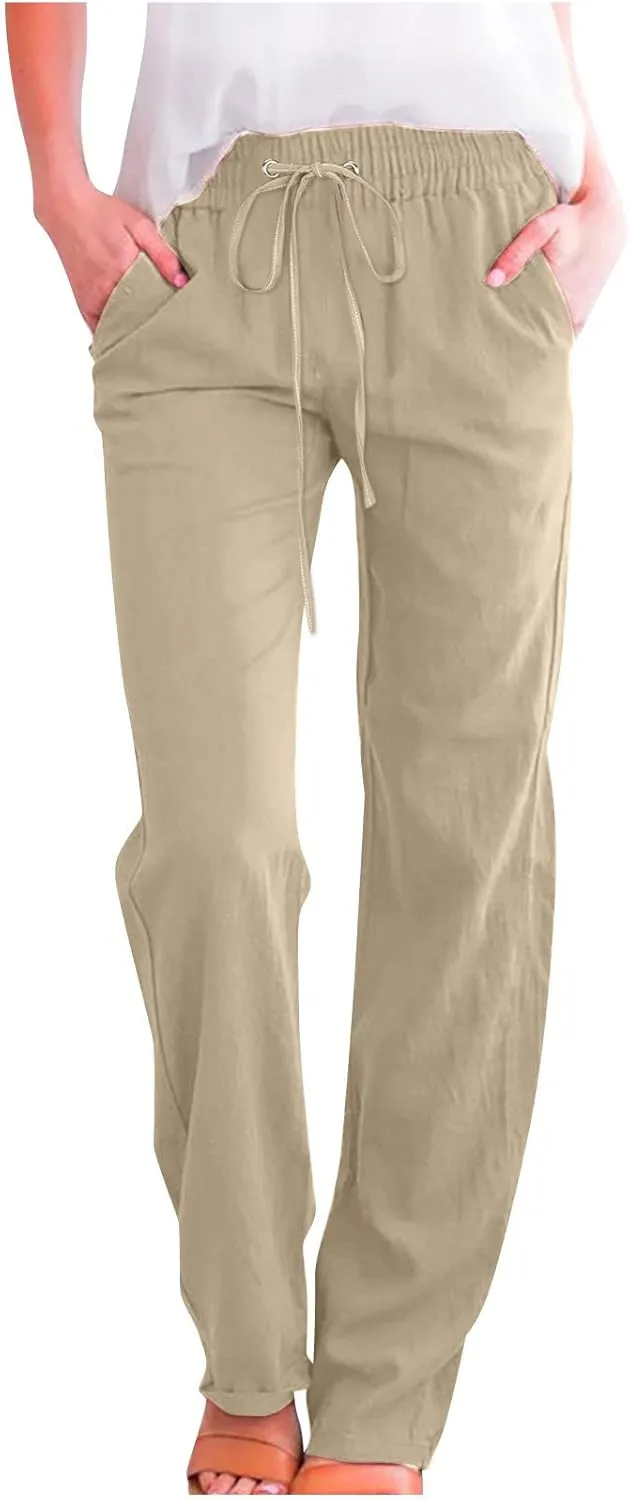 Womens Linen Pants Casual Drawstring Elastic Wide Leg Pants High Waist Pants Loose Fit Lounge Trousers with Pockets