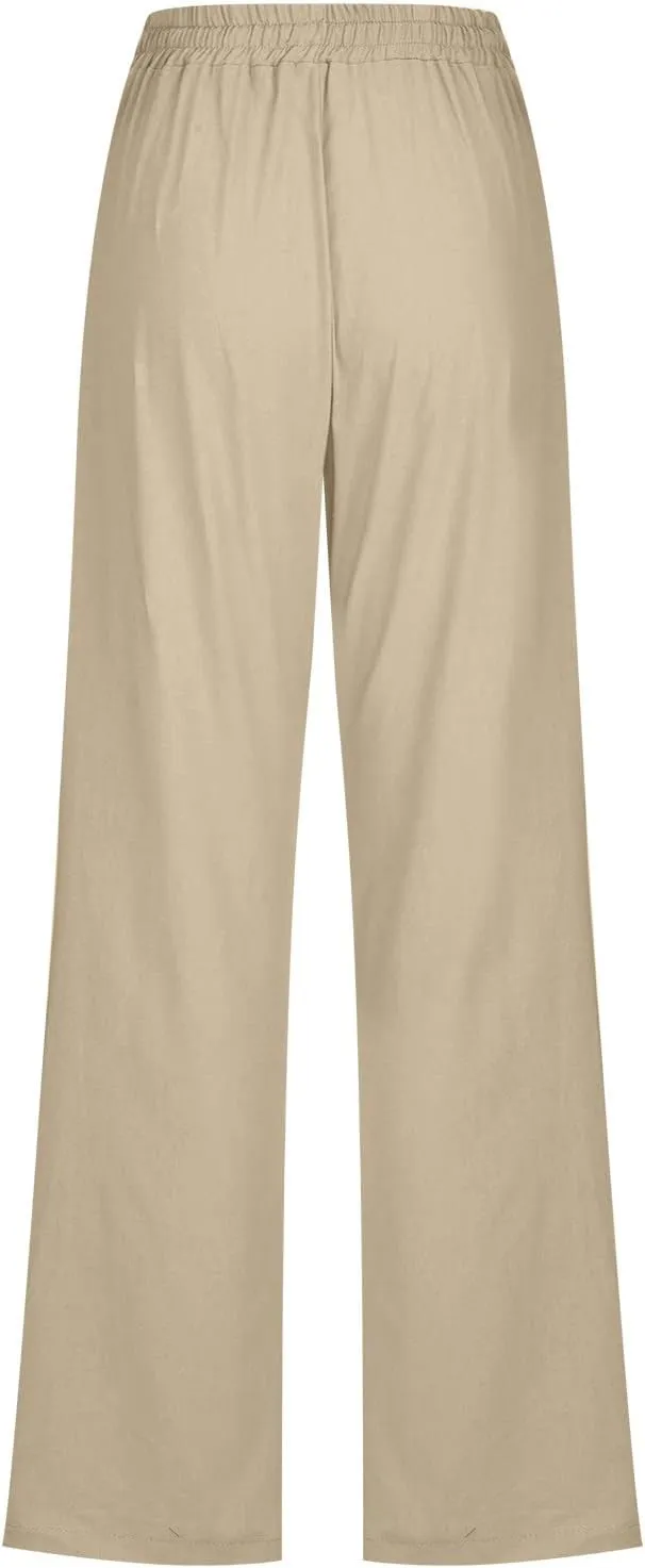 Womens Linen Pants Casual Drawstring Elastic Wide Leg Pants High Waist Pants Loose Fit Lounge Trousers with Pockets