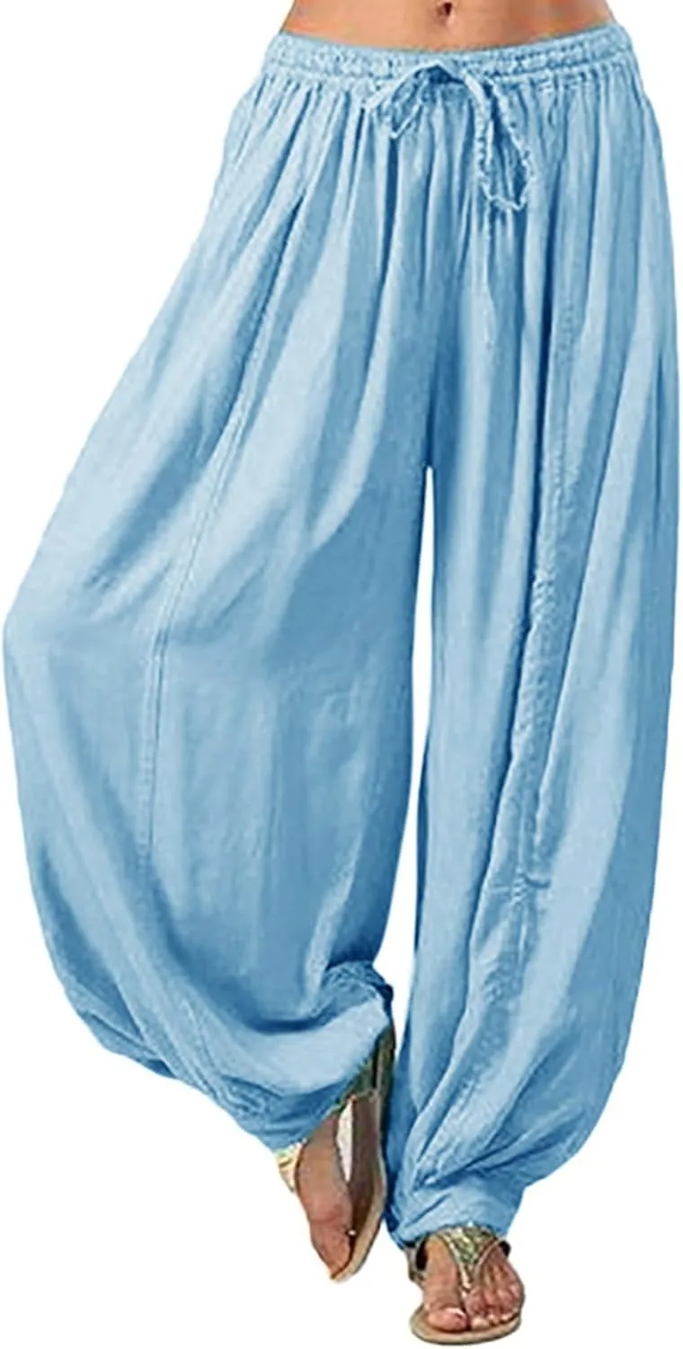 Women's Linen Pants Linen Wide Leg Pants for Women Casual Elastic Waisted Linen Pants for Women Flowy Lounge Beach Trousers