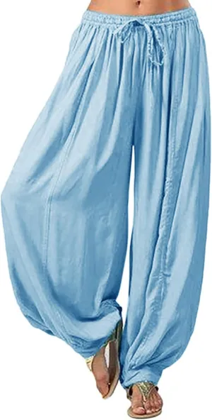 Women's Linen Pants Linen Wide Leg Pants for Women Casual Elastic Waisted Linen Pants for Women Flowy Lounge Beach Trousers