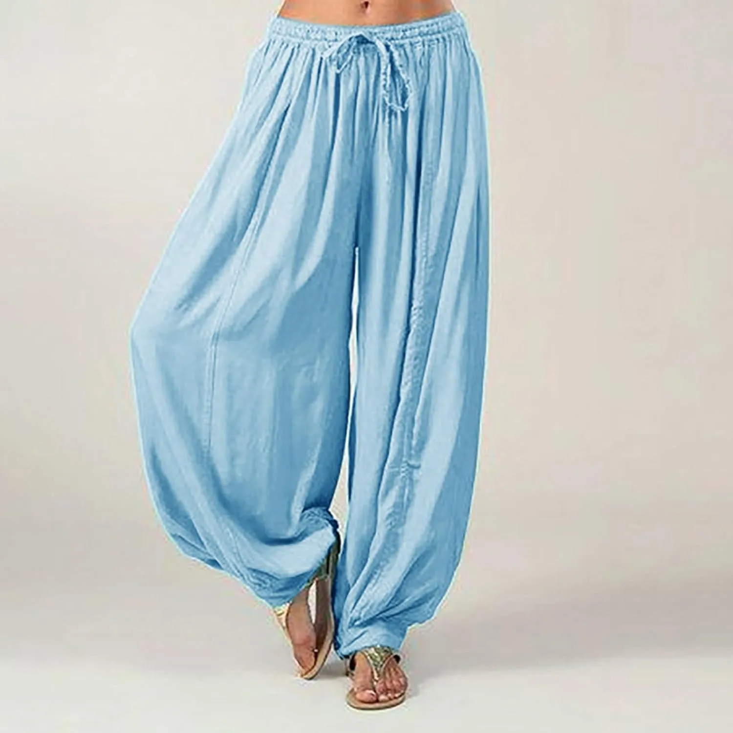 Women's Linen Pants Linen Wide Leg Pants for Women Casual Elastic Waisted Linen Pants for Women Flowy Lounge Beach Trousers