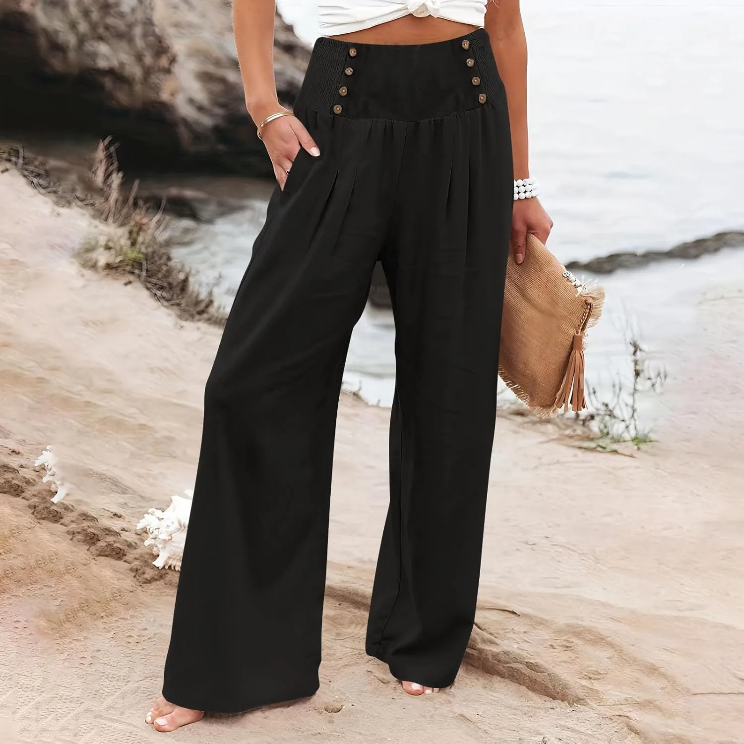 Womens Linen Pants Linen Wide Leg Pants for Women High Waist Stretch Dress Women's Cotton Linen Casual Beach Long Pants