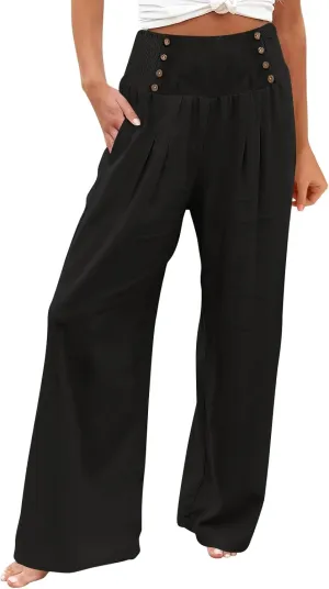 Womens Linen Pants Linen Wide Leg Pants for Women High Waist Stretch Dress Women's Cotton Linen Casual Beach Long Pants