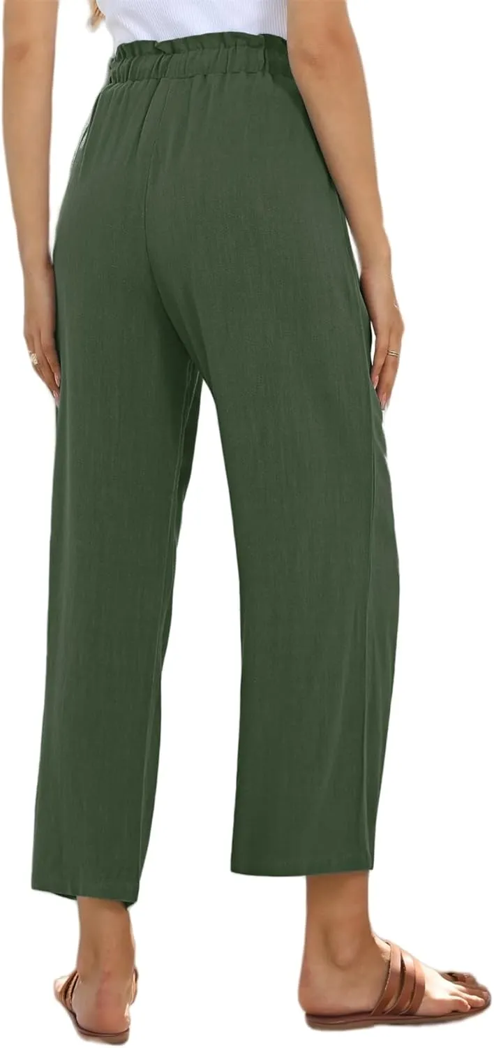 Womens Linen Pants Summer Wide Leg Capri High Waist Drawstring Palazzo Cropped Beach Boho Flowy Trousers with Pockets