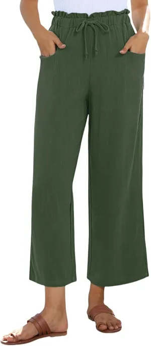 Womens Linen Pants Summer Wide Leg Capri High Waist Drawstring Palazzo Cropped Beach Boho Flowy Trousers with Pockets