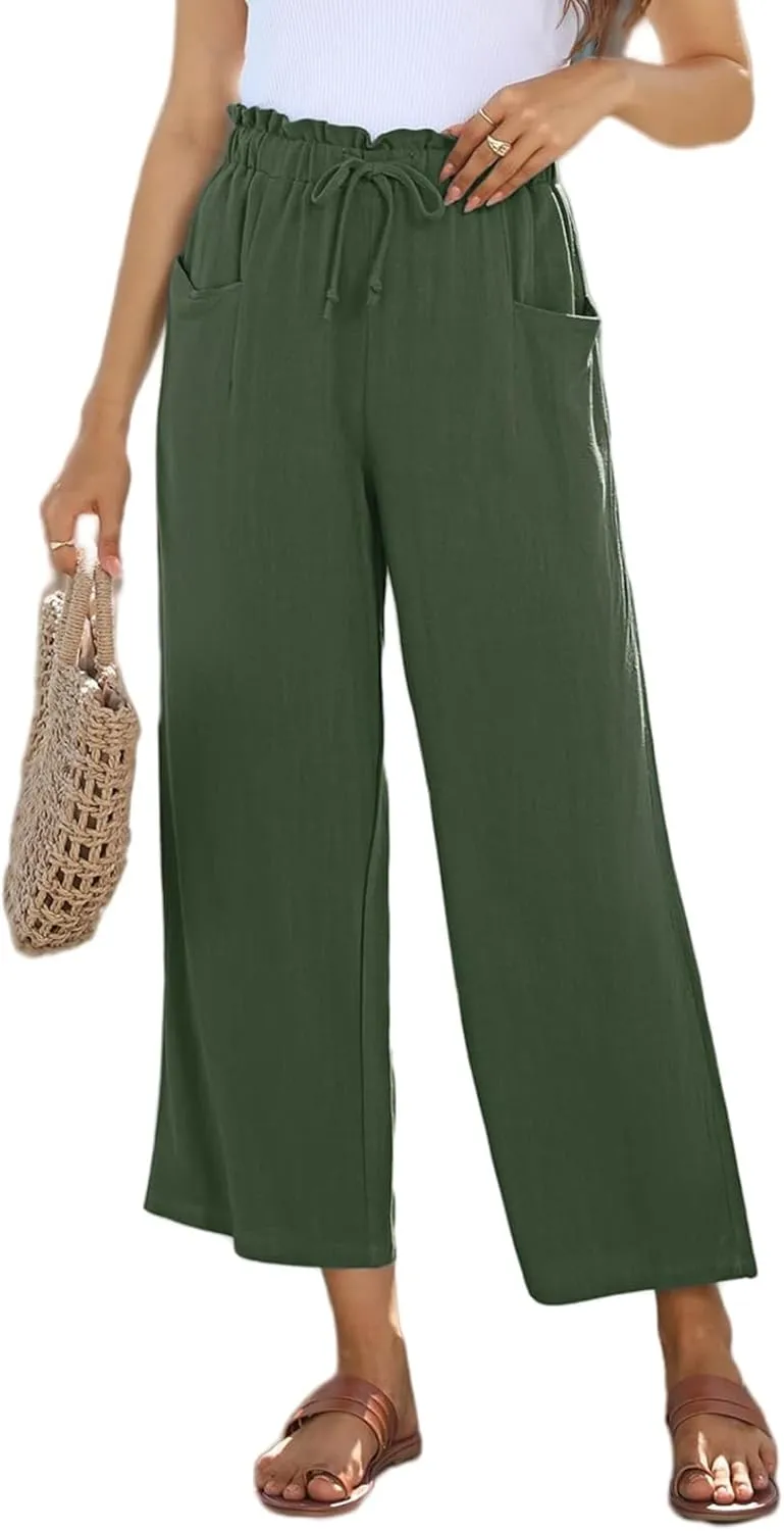 Womens Linen Pants Summer Wide Leg Capri High Waist Drawstring Palazzo Cropped Beach Boho Flowy Trousers with Pockets