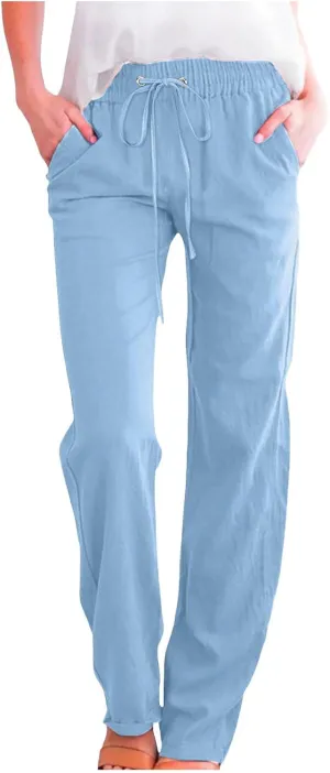 Women's Linen Stretch Pants Casual High Waist Palazzo Sweat Pants Drawstrings Elastic Lightweight Trousers with Pockets