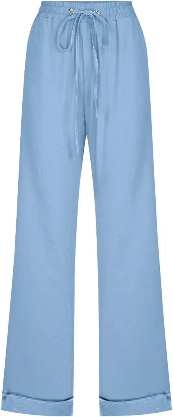 Women's Linen Stretch Pants Casual High Waist Palazzo Sweat Pants Drawstrings Elastic Lightweight Trousers with Pockets