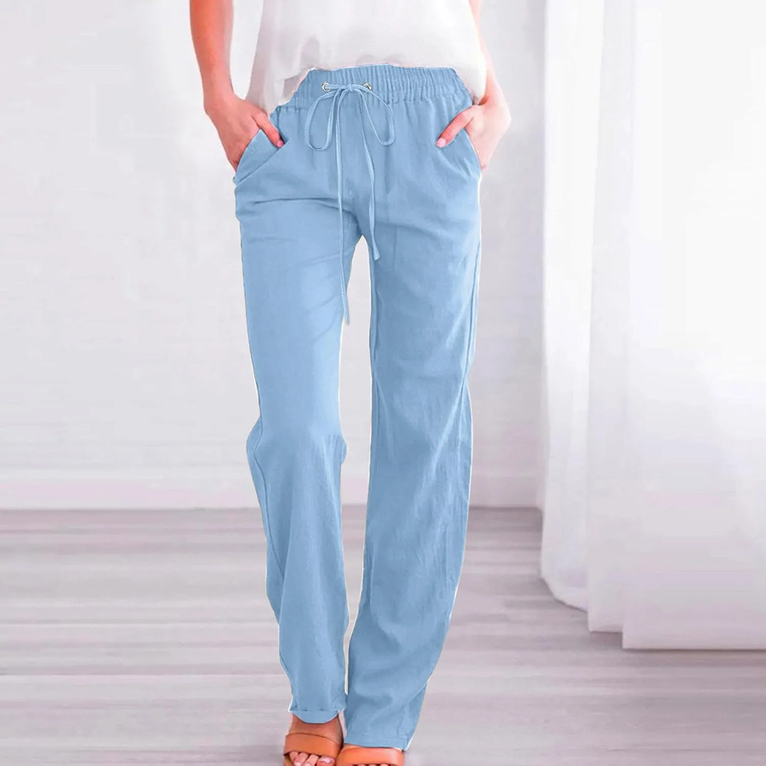 Women's Linen Stretch Pants Casual High Waist Palazzo Sweat Pants Drawstrings Elastic Lightweight Trousers with Pockets