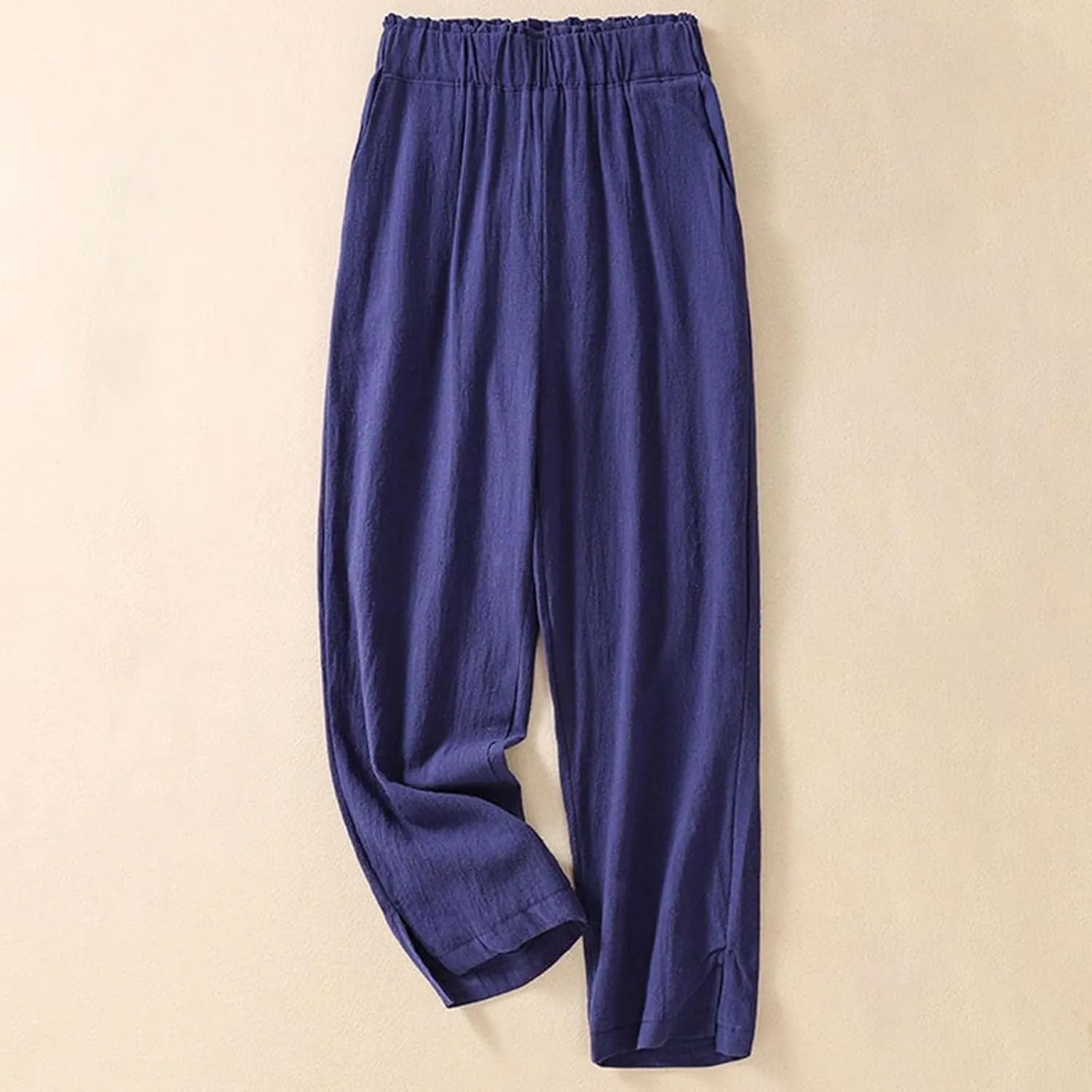 Women's Linen Summer Capris Pants Wide Leg High Elastic Waist Palazzo Pants Boho Beach Trousers Vacation Outfits