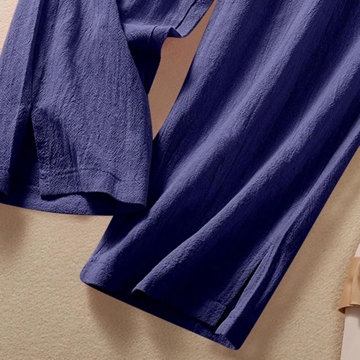 Women's Linen Summer Capris Pants Wide Leg High Elastic Waist Palazzo Pants Boho Beach Trousers Vacation Outfits