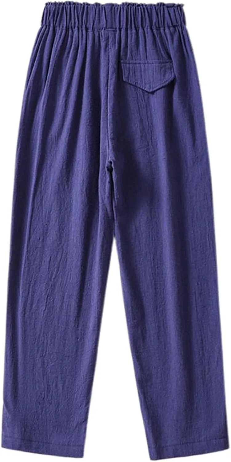 Women's Linen Summer Capris Pants Wide Leg High Elastic Waist Palazzo Pants Boho Beach Trousers Vacation Outfits