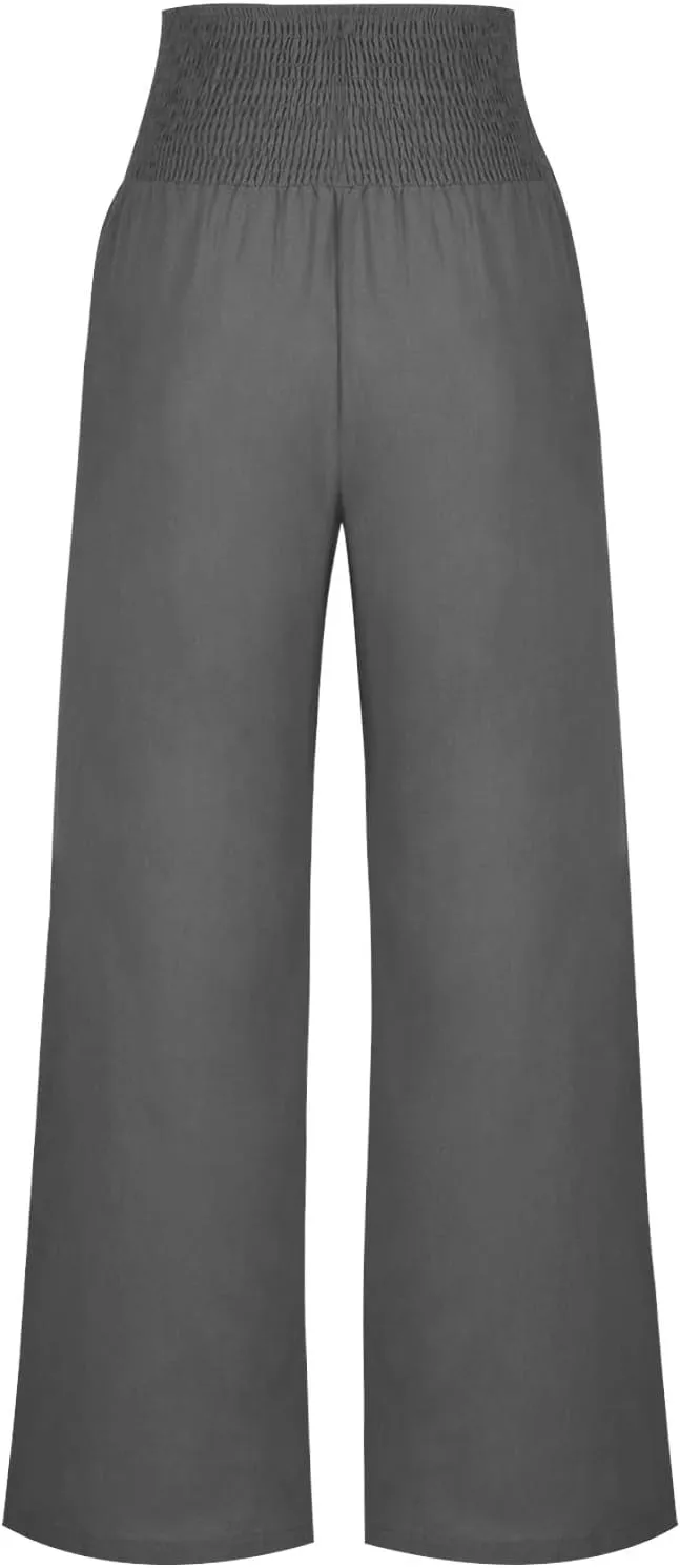 Women's Linen Summer Pants Loose Wide Leg Pants Elastic High Waist Pants Fashion Solid Color Trousers with Pockets